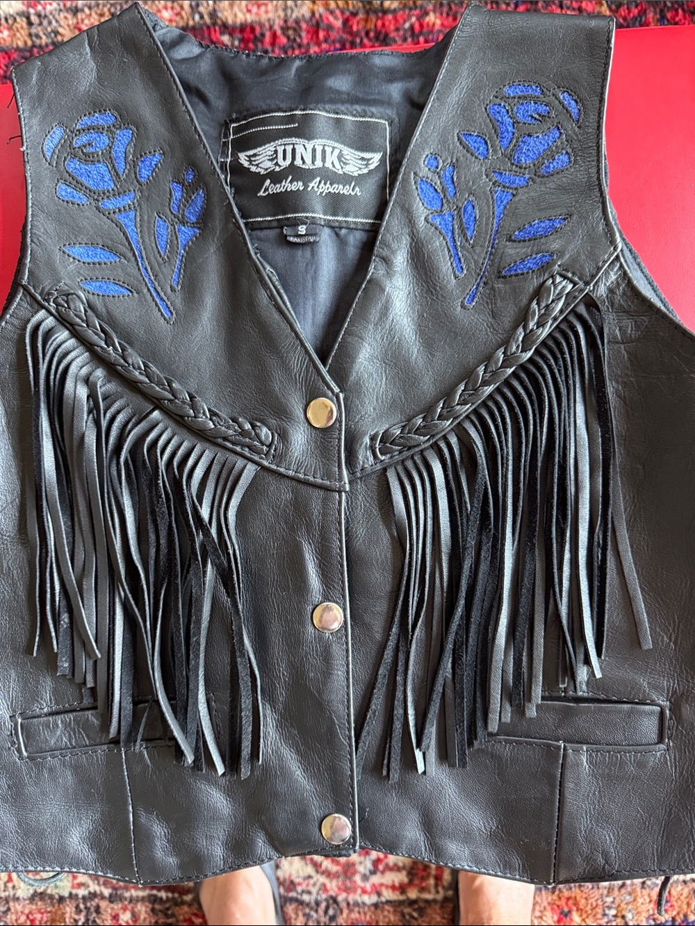 Unik Black Leather Fringe Vest with Blue Floral Embroidery